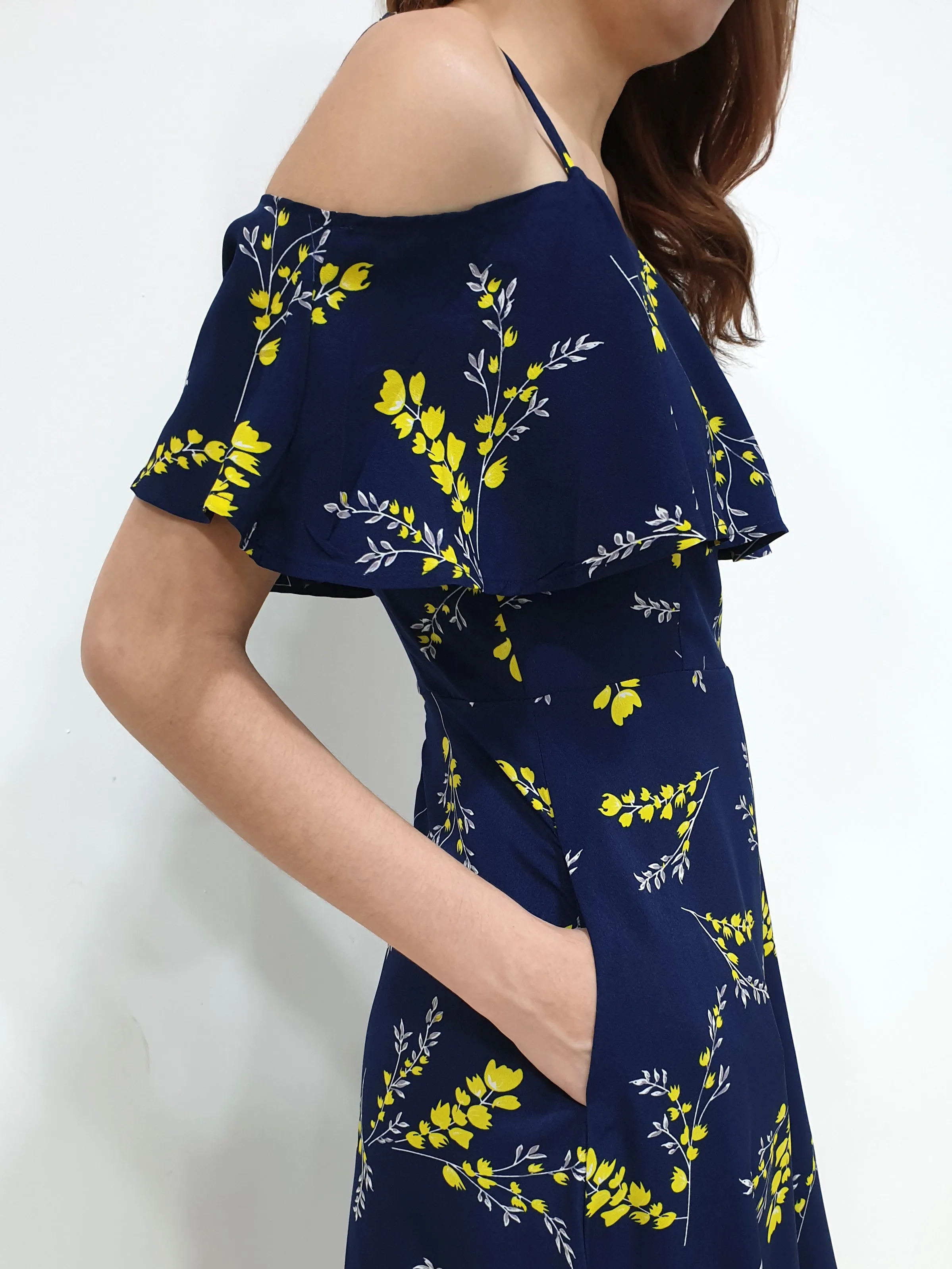 Yellow Print Cold Shoulder Dress - Navy (Non-returnable)