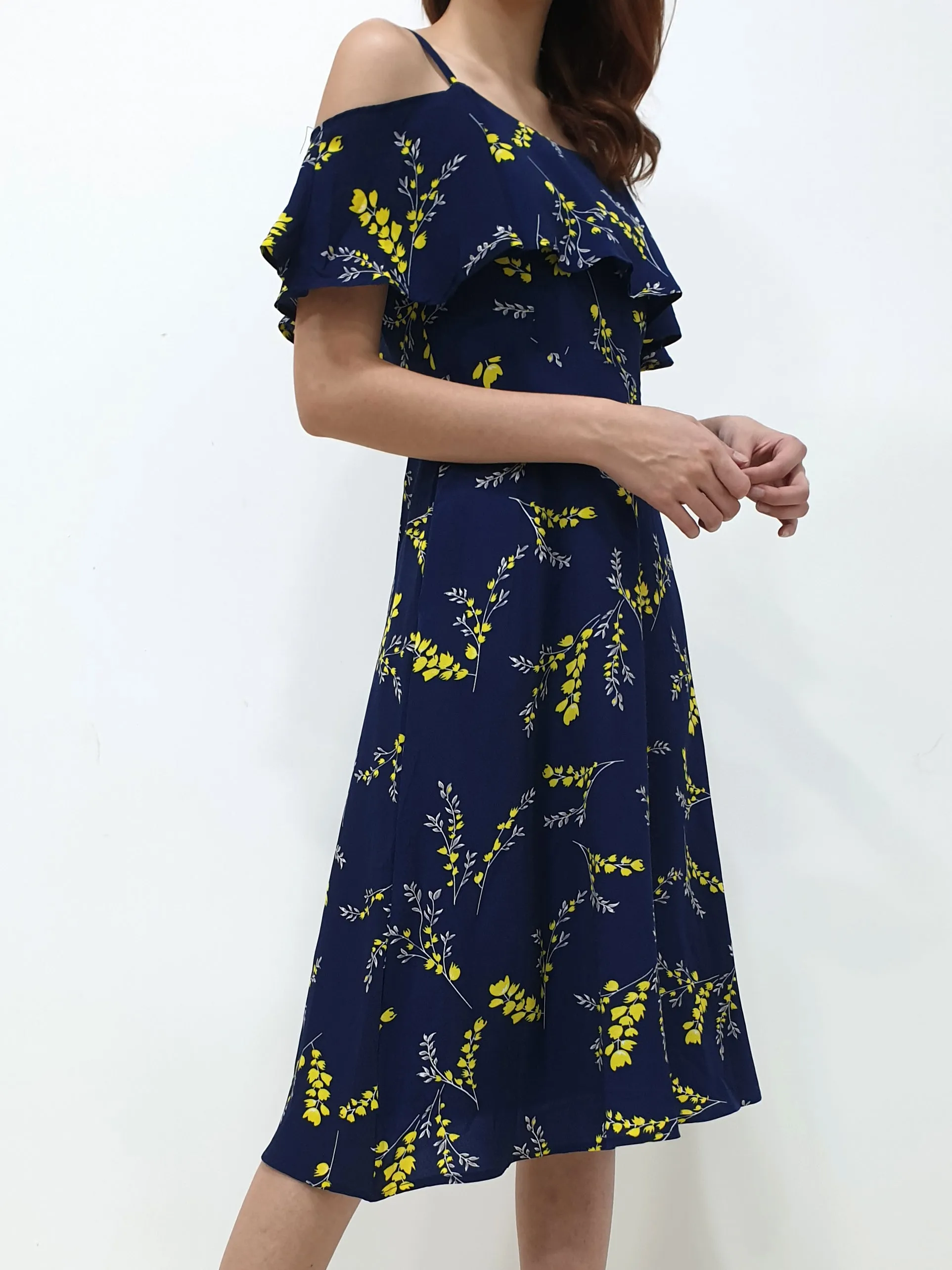 Yellow Print Cold Shoulder Dress - Navy (Non-returnable)