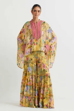 Yellow Printed Poncho Cape & Sharara Set