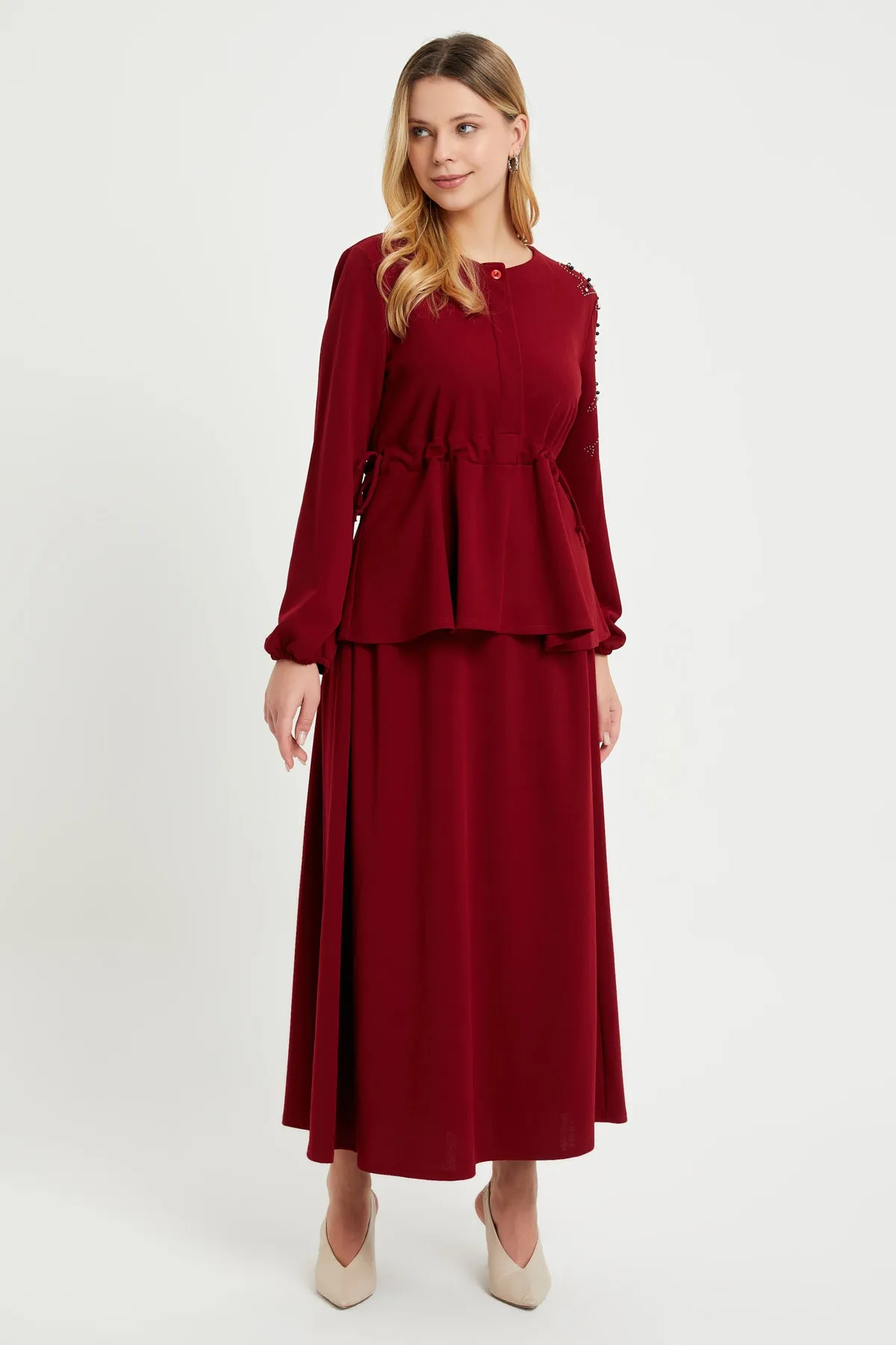 ZRF Women Embroidered Sleeve Suit - Burgundy - Caserta