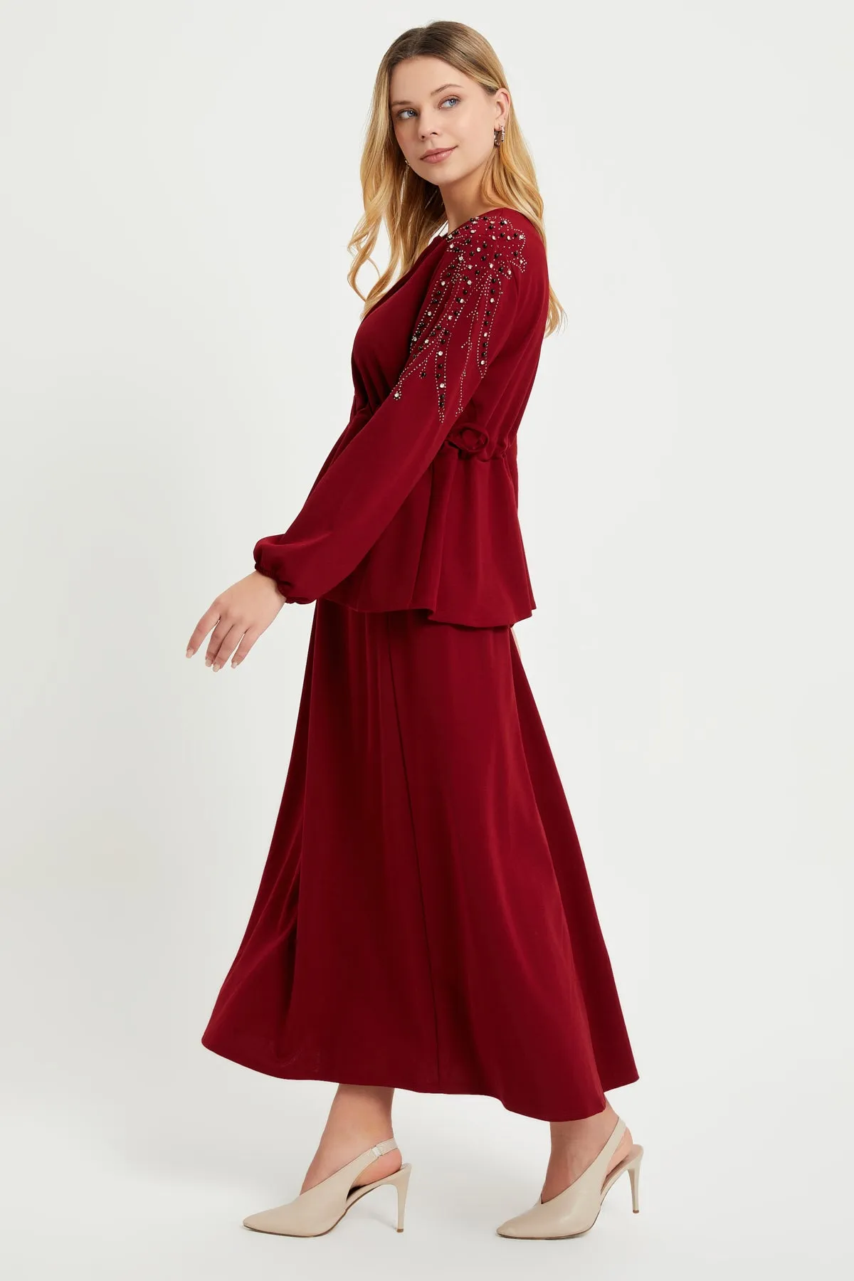 ZRF Women Embroidered Sleeve Suit - Burgundy - Caserta