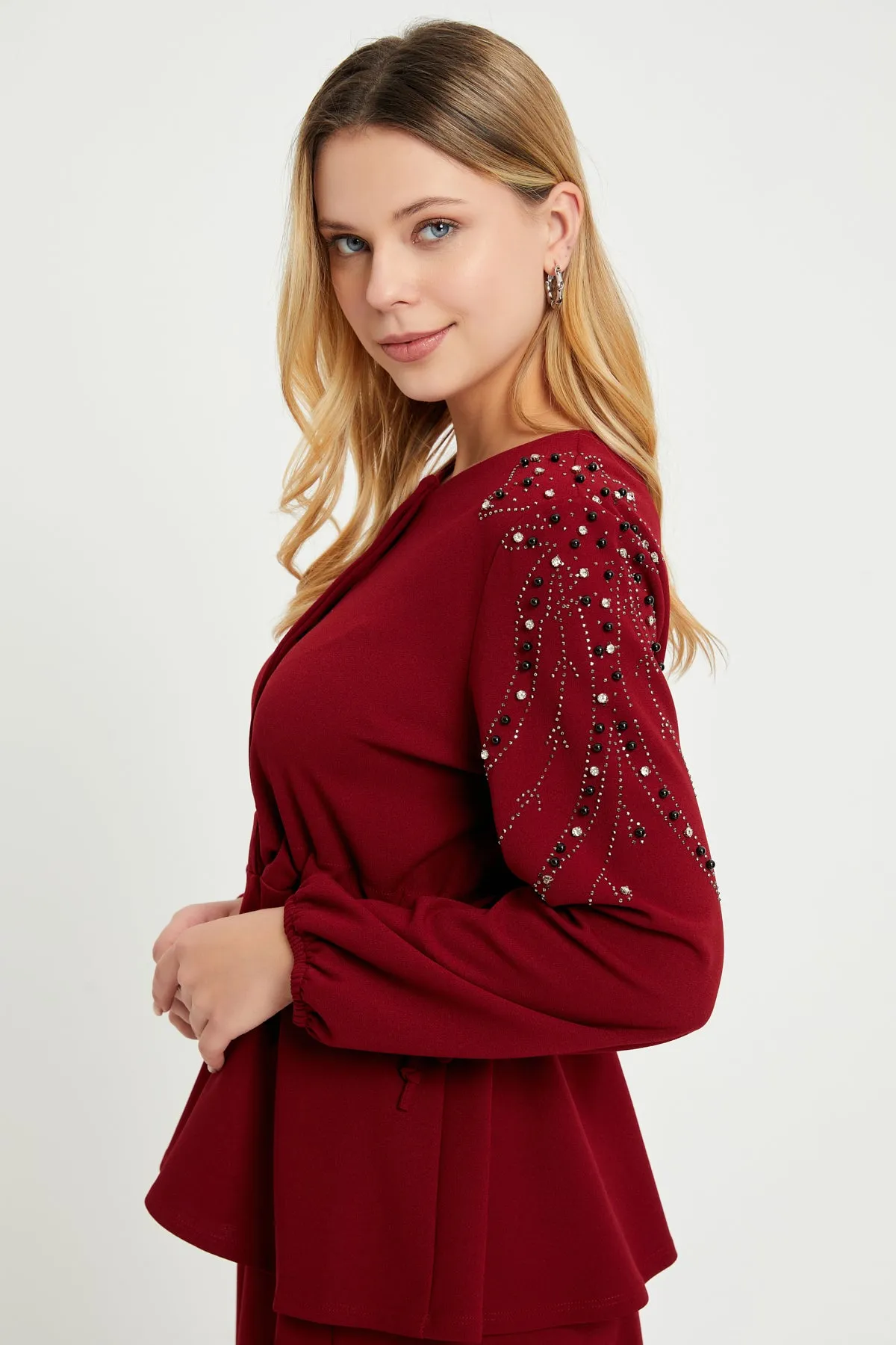 ZRF Women Embroidered Sleeve Suit - Burgundy - Caserta